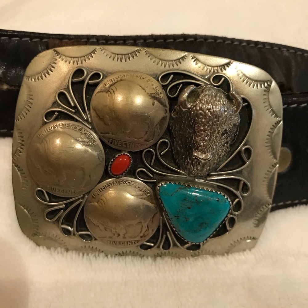 Native American Sterling Belt Buckle Buffalo Nickels Turquoise Coral Bear Claw
